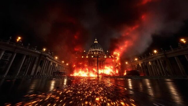 A large fire breaks out at St. Peter's Basilica in Vatican City, causing panic and chaos among onlookers during a pivotal religious gathering. Flames light up the night sky