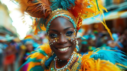 A joyous carnival celebration captured in a striking portrait, featuring an enthusiastically smiling individual adorned with vibrant feathers and artistic makeup.
