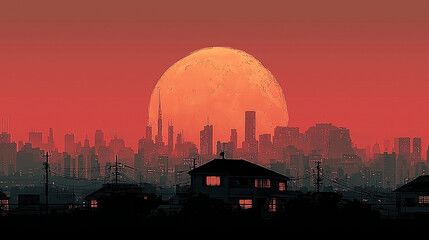 夕焼け空に浮かぶ満月と東京や都市シルエット