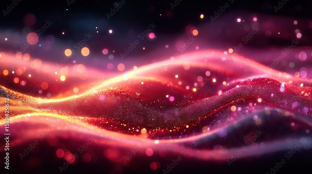 Poster abstract glowing wave of red and pink particles creating a dynamic, futuristic digital landscape wit