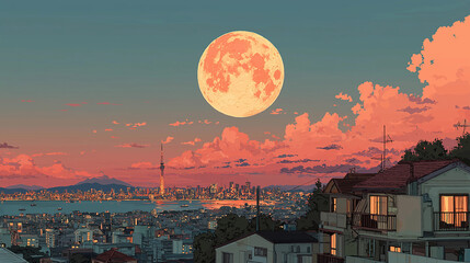 夕焼け空に浮かぶ満月と東京や都市シルエット