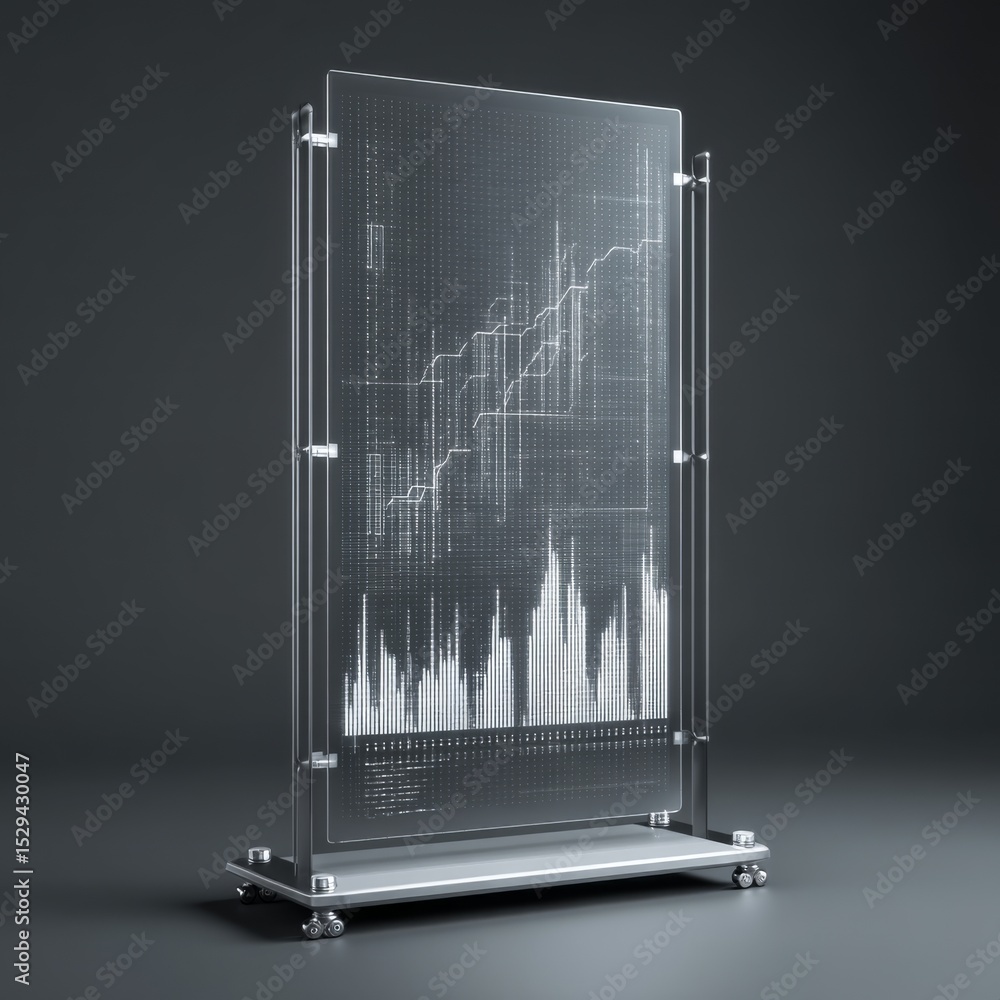 Poster modern transparent display with data visualization, graphs, and charts showcasing financial trends o