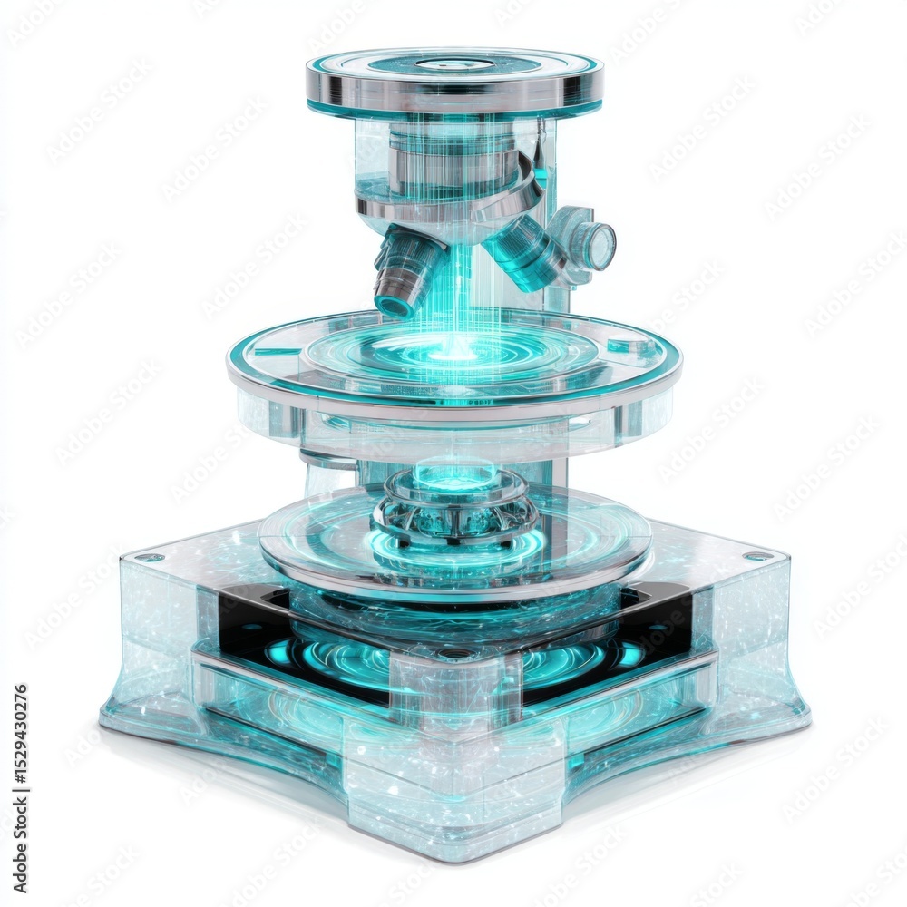 Poster futuristic transparent microscope with blue illumination in high-tech laboratory environment