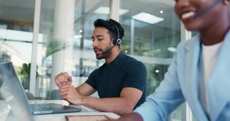 Call center, man and discussion in office with customer support, communication and online consultant. Coworking, headset and technical service help, CRM or advice for assistance hotline or agency