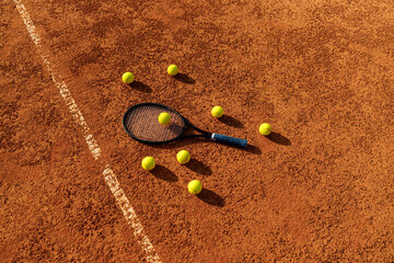 tennis racket with many balls on a clay court 