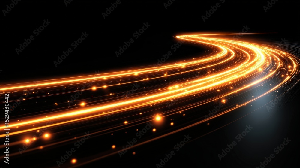 Poster bright orange light trails curve smoothly against a dark background, creating a dynamic, futuristic 