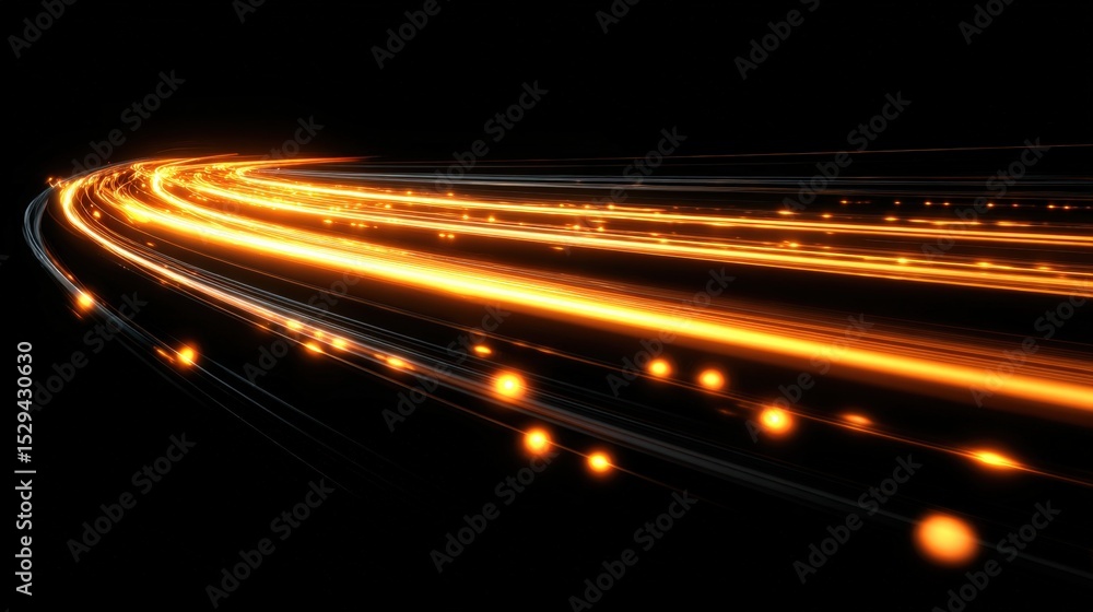 Poster bright orange light trails curve sharply against a black background, creating a dynamic and abstract