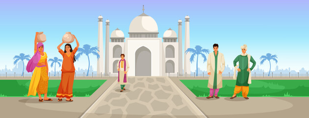 Indian men and women in ethnic clothing near the Taj Mahal, flat graphic style, outdoor background with palm trees, concept of cultural heritage. Vector illustration