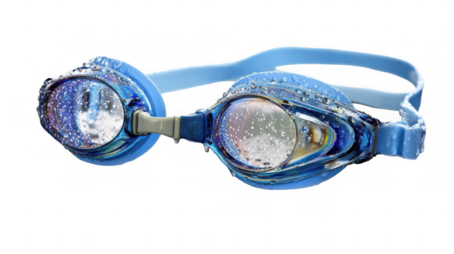 Close up of blue swimming goggles covered in water droplets, resting on a wet surface against a transparent background, conveying a sense of refreshing coolness and aquatic activity