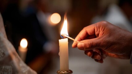 Closeup of a baptismal candle being lit by the pastor, representing the light of Christ entering into the life of the baptized person.