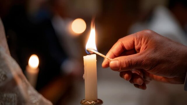 Closeup of a baptismal candle being lit by the pastor, representing the light of Christ entering into the life of the baptized person.