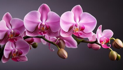Fototapeta premium a vibrant pink orchid stem with multiple delicate blooms and buds