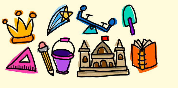 Children's graffiti icons, school equipment, flat design, irregular scribbles that are isolated white background, for kindergarten