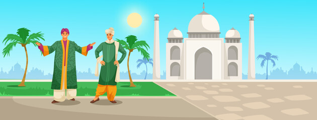 Two indian men in traditional attire near the Taj Mahal with palm trees and sun in the background, cultural heritage concept. Vector illustration