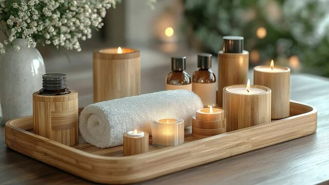 Serene Spa Setting: Bamboo Tray with Candles, Towel, and Essential Oils