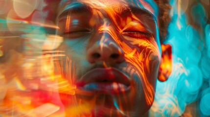 A young man's close-up portrait features vibrant colors and patterns illuminating his face, creating an artistic representation of identity and emotional expression.