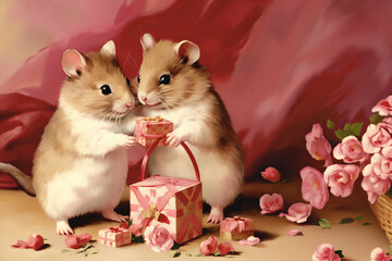 Adorable Hamsters Exchanging Gifts in a Romantic Floral Setting