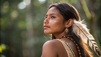 Indigenous woman with flawless glowing skin, wearing a feather earring and natural-toned outfit, looking confidently into the camera, bokeh background