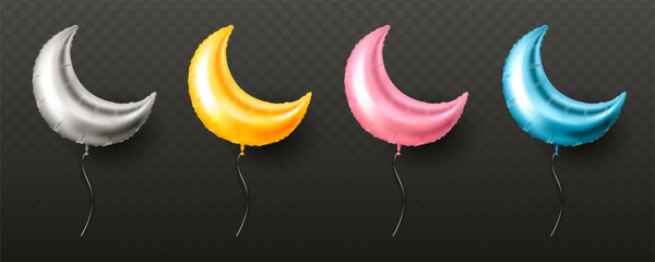 Crescent moon-shaped foil balloon set in silver, gold, pink, and blue colors, realistic graphic style, isolated on transparent dark background. Vector illustration