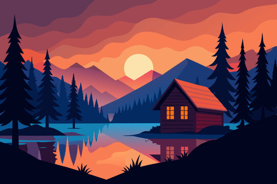 Sunset mountain cabin lake landscape illustration