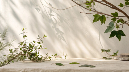 A natural aesthetic scene featuring foliage and soft shadows with empty space for display