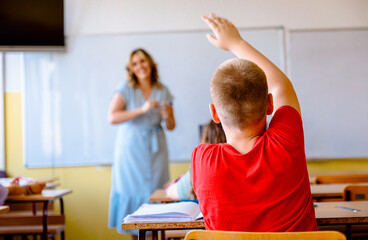 Rear view of boy raising hand to answer teacher's question during class in classroom.