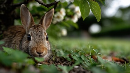 Fototapeta premium Lapin brun au regard doux dans l'herbe sous des fleurs au printemps
