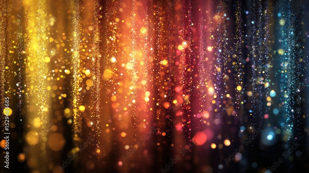 Poster abstract image of glowing golden and red bokeh light particles hanging vertically against a dark bac