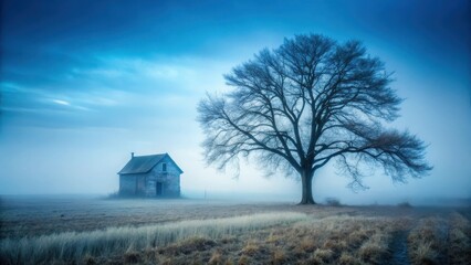 A lone tree stands in a foggy field with an abandoned blue house in the background