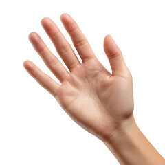 A close up shot of a human hand with fingers extended against a black isolated background in studio light