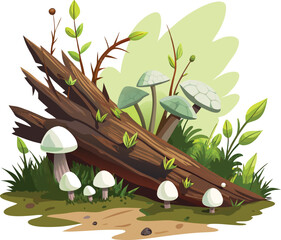 Forest floor scene with mushrooms and fallen log