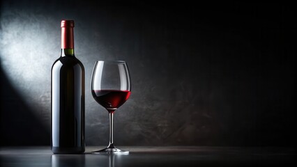 A red wine bottle with a glass placed on top, centered against a dark black background