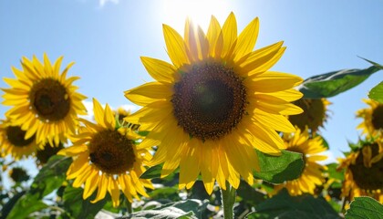 夏の陽射しを浴びて咲き誇るひまわり畑、蜜を集めるミツバチが飛び交う鮮明なクローズアップ

