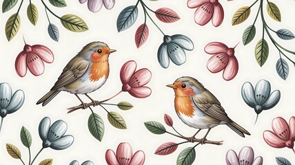 Two robins perched on branches amidst a vibrant floral pattern, showcasing a charming spring scene.