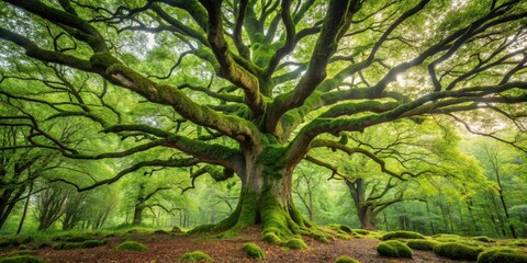 Ancient Oak Tree with moss and lichen growth, aging, forest