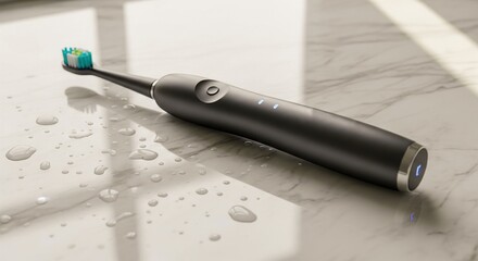 Sleek Black Electric Toothbrush on Wet Marble Surface

