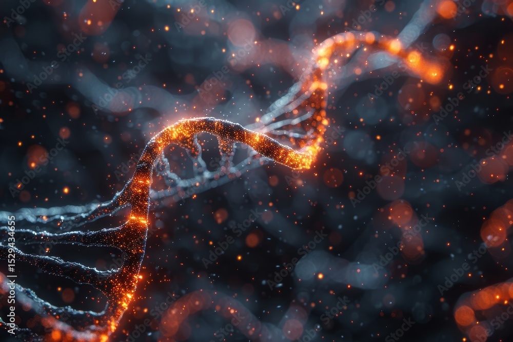 Poster an imaginative depiction of a dna double helix illuminated with glowing particles, symbolizing the e