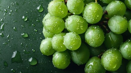A close-up of luscious green grapes adorned with droplets, showcasing freshness and the natural beauty of fruits, perfect for culinary and health-focused imagery.