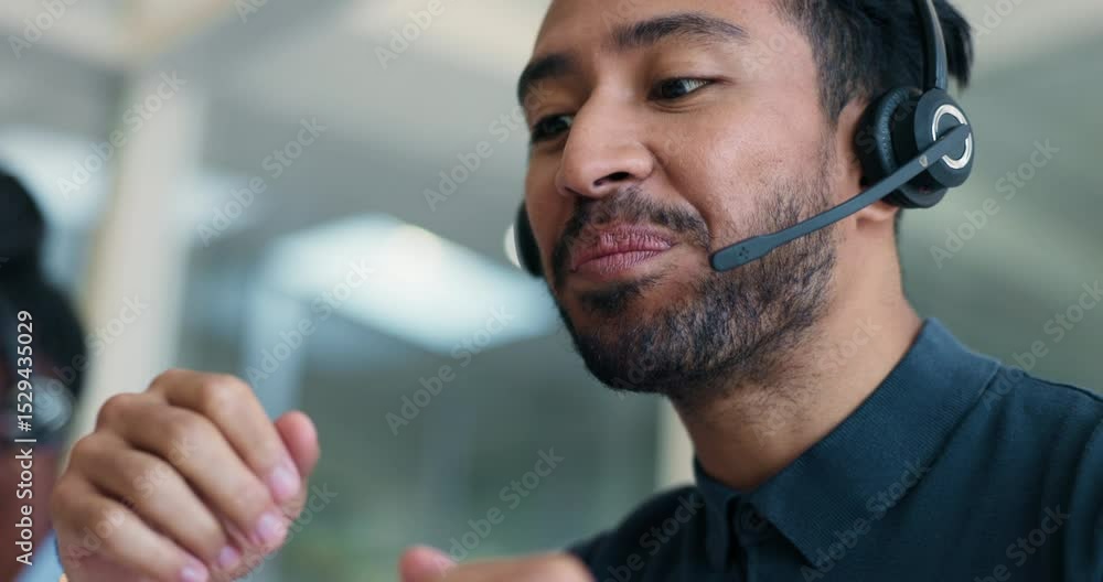 Poster headset, laughing and support with man in call center for advice, online help or virtual assistance.
