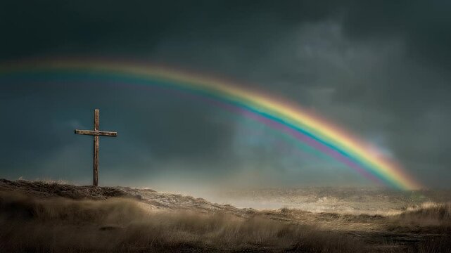 Concept photo of a cross with a rainbow arching over it, symbolizing the promise of Gods love and the hope for new beginnings that comes with the resurrection.