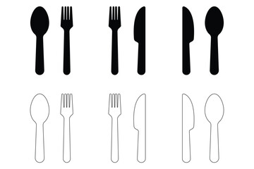 Spoon, fork and knife set icons vector illustration on white background. cutlery or flatware consisting of a knife fork and spoon for meal solid or glyph icon.