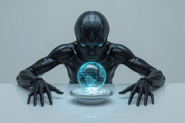 Alien, Extraterrestrial, Droid, Robot, Cybernetic, Futuristic, Mask, Glowing eyes, Hologram, Holographic globe, Blue-black, Fiberglass, Power cables, Technology, Sci-fi, Modern, Upper body, Chin on ta
