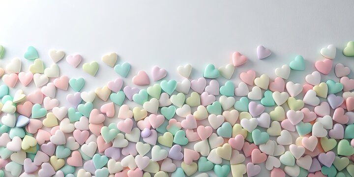 Soft pastel colored hearts scattered on a minimalist white background with subtle gradient effect , love, hearts