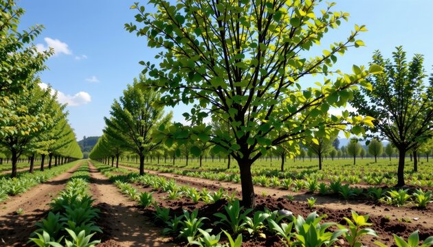 vast tree plantation under a clear blue sky, promoting reforestation and afforestation as key solutions to bat climate change and ensure environmental sustainability, reforestation, afforestation