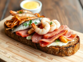 Gourmet Seafood Delights: An artistic flat lay showcases a mouthwatering open-faced sandwich, piled high with fresh seafood and delectable ingredients, artfully arranged on a wooden cutting board.