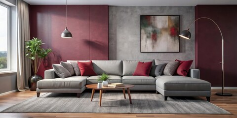 Cozy modern living room with burgundy and gray accents, featuring a comfortable sectional sofa, floor lamp, and abstract art piece on the wall, gray accent wall, sofa