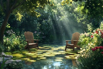 A serene garden scene with two wooden chairs by the water's edge, surrounded by lush greenery and flowers. The pond is filled with lily pads, creating an atmosphere of tranquility 