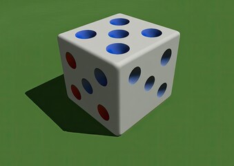3D rendered white die with blue and red pips, cast shadow on green background