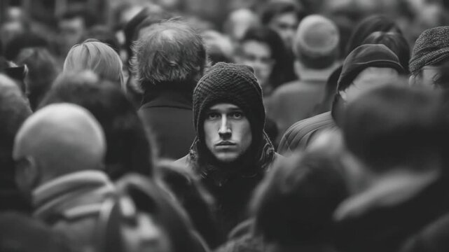 closeup of a sad lonely person in a crowd of people