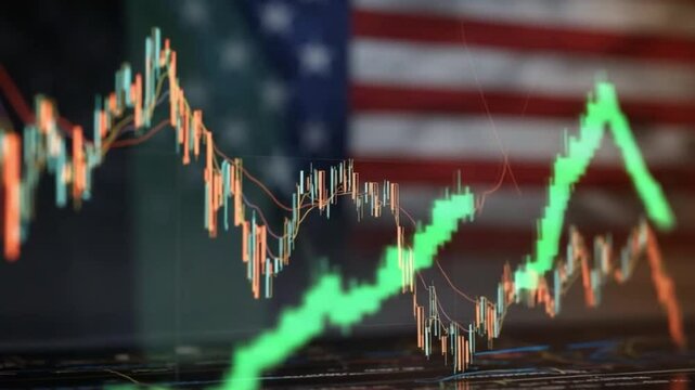 diagraphs showing big money stock market crash and recession, US flag in the blurred background, high quality image